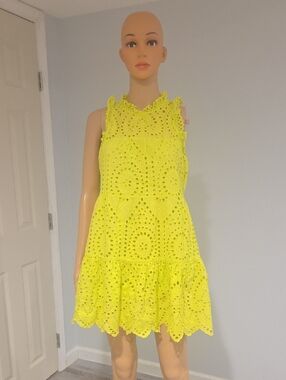Skies Are Blue Neon Yellow Eyelet Mini Dress